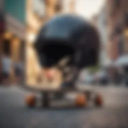 Essential skateboarding gear including a skateboard, helmet, and protective pads.