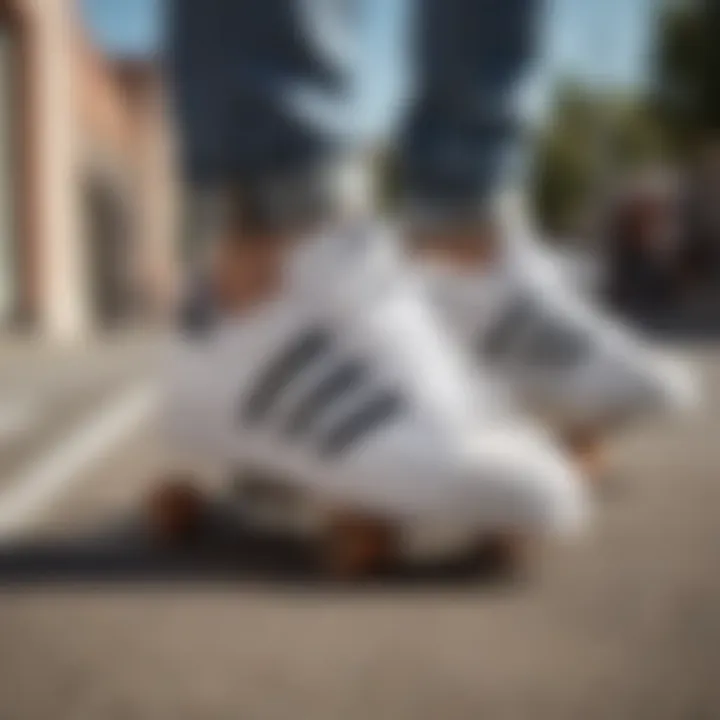 Classic Adidas white Superstar shoes on a skateboard