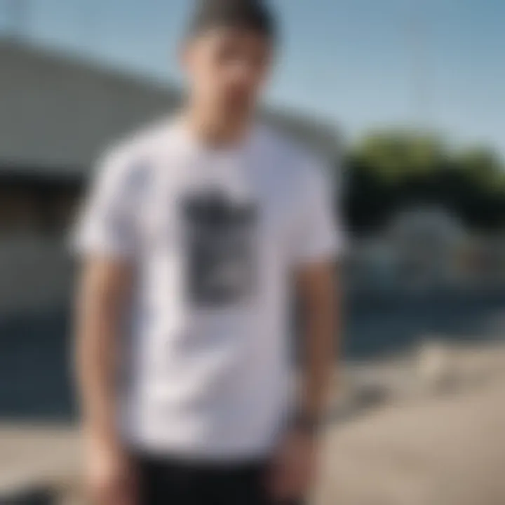 Stylish outdoor shot of the Adidas white t-shirt in a skateboarding environment