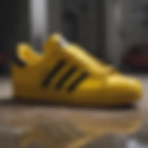 Close-up view of Adidas yellow shoes showcasing unique design elements.