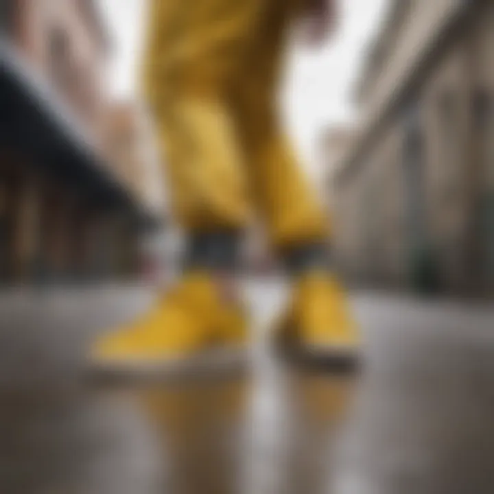 A stylish outfit featuring Adidas yellow shoes.