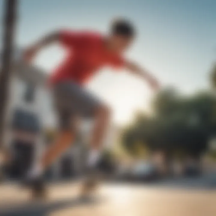 Skateboarder wearing Nike sweat shorts in action