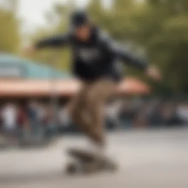 A skateboarder wearing a sketchy tank jacket performing a trick at a skate park.