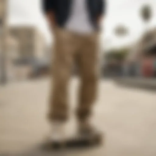 Baggy khaki pants in a skate park setting