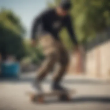 Skateboarder wearing belted cargo joggers performing a trick