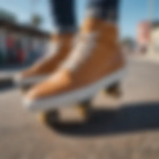 A close-up view of boardwalk shoes highlighting their grip and sole design.