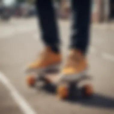 A pair of stylish boardwalk shoes on a skateboard