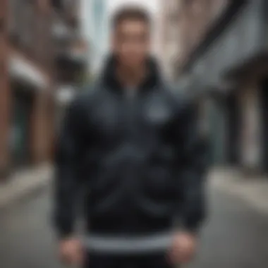 Champion zip up jacket in black displayed against an urban backdrop representing skate culture