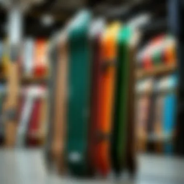 Artistic Display of Skateboard Decks A collection of colorful skateboard decks displayed artistically in a warehouse setting