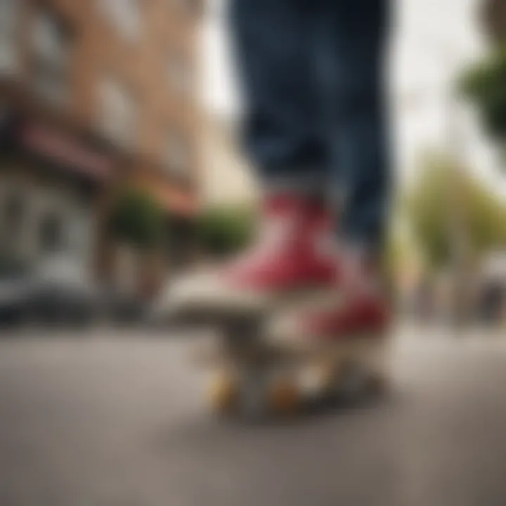 Skateboarder performing tricks wearing Chuck Taylors