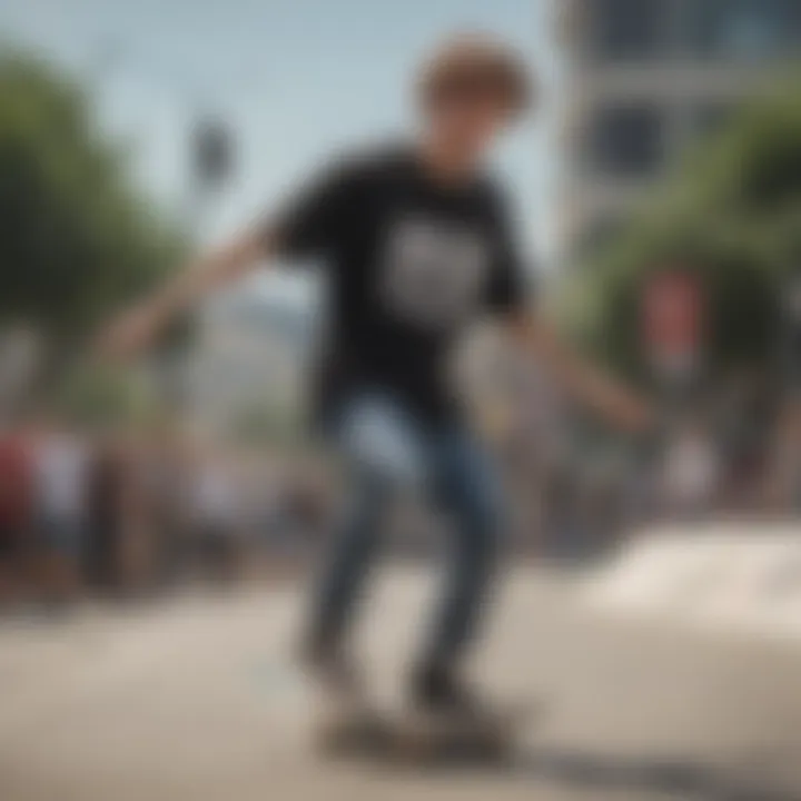 Skateboarder showcasing t-shirt while performing a trick