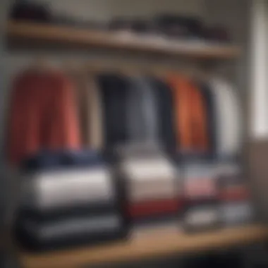 A neatly organized wardrobe featuring different crewneck sweatshirts