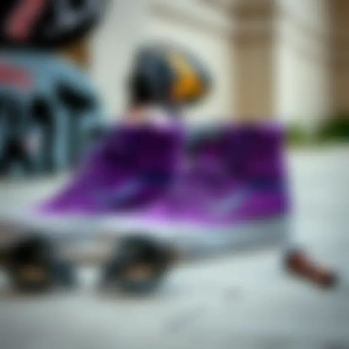 Cultural Significance of Purple Vans Hi Tops A stylish arrangement of purple Vans hi tops with skateboarding accessories, reflecting their cultural significance.