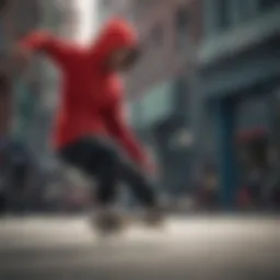 Skater performing a trick wearing a red hoodie