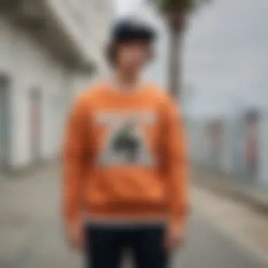 Crew Neck Sweater in Skate Culture A skateboarder wearing a trendy crew neck sweater