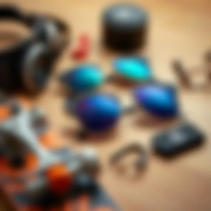 Stylish Flat Lay of Cyrus Sunglasses with Skateboarding Essentials Flat lay of Cyrus sunglasses alongside skateboarding gear