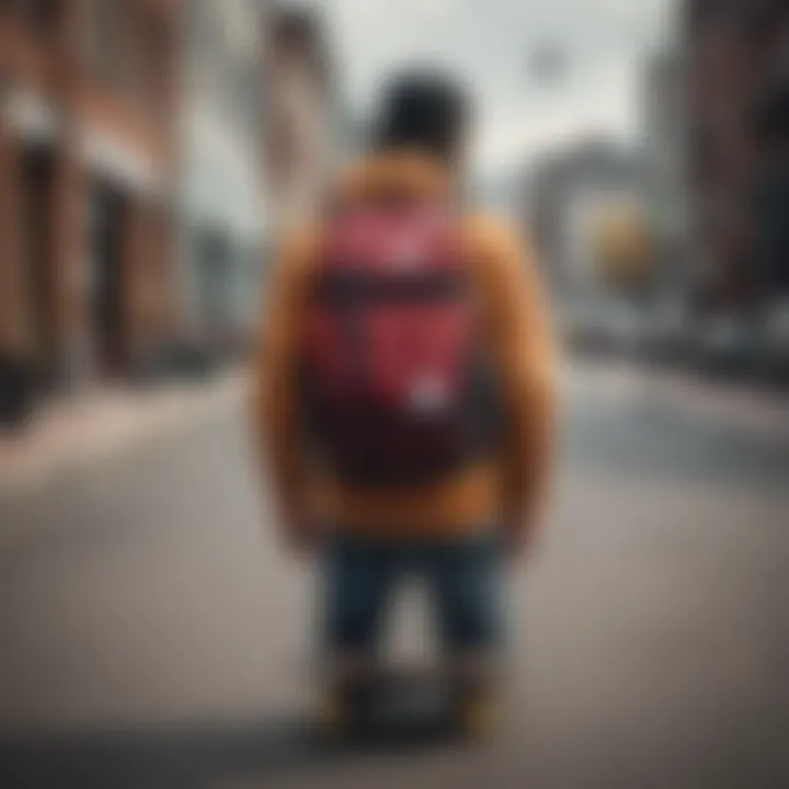 A skater sporting the DC skateboard backpack in an urban setting, emphasizing its role in style.