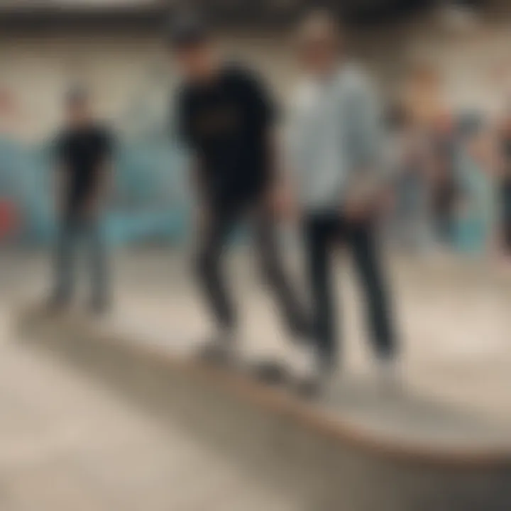 A group of skaters in trendy apparel at a skate park