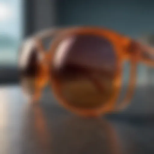 A close-up of high-quality sunglasses on a reflective surface, highlighting their superior lens clarity.