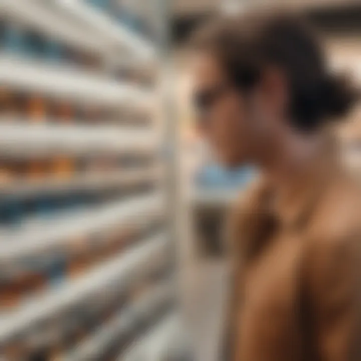 A shopper examining sunglasses in a store, representing the experience of making informed purchasing decisions.