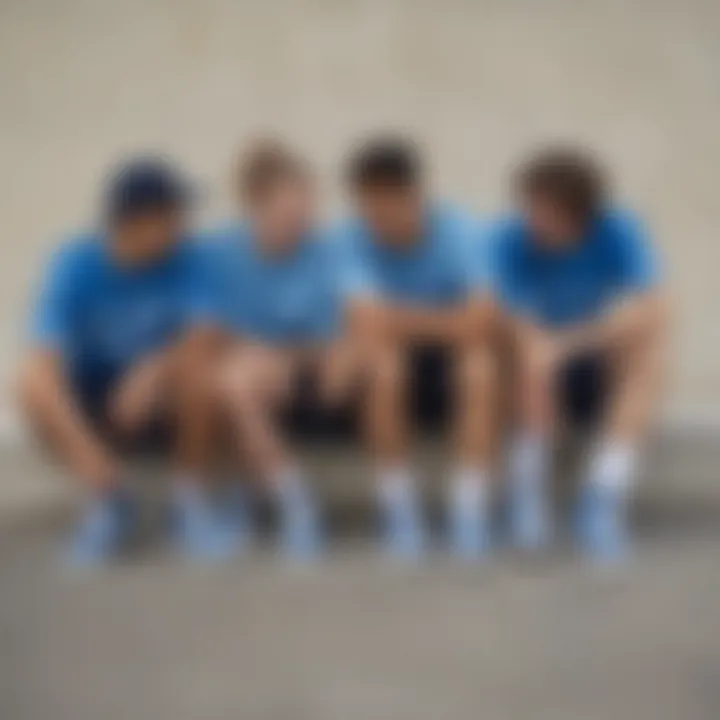 Group of skaters expressing individuality with their blue tie dye Vans