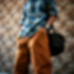 A stylish outfit featuring brown baggy jeans paired with a casual shirt.