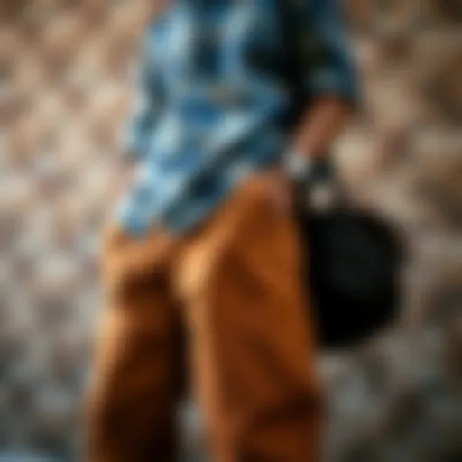 A stylish outfit featuring brown baggy jeans paired with a casual shirt.