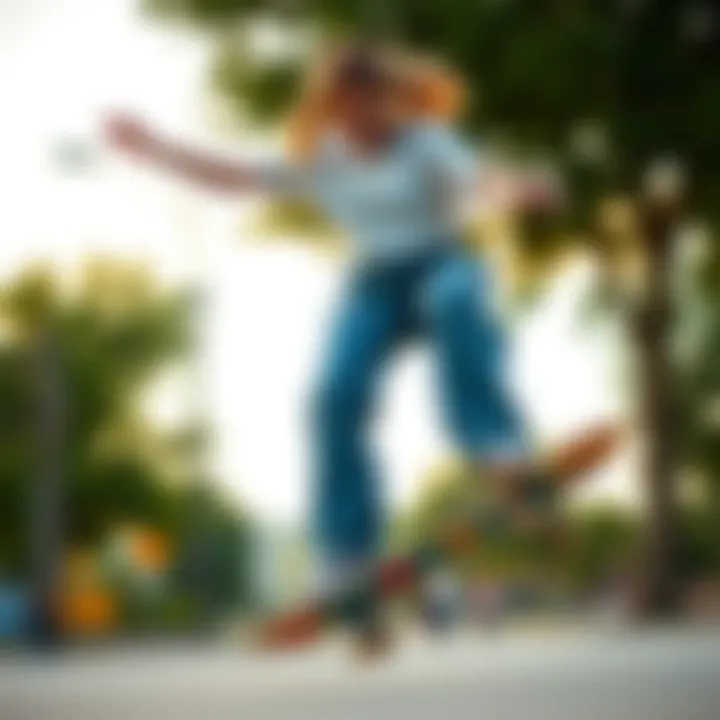 Skate Culture in Dickies Work Pants Female skateboarder wearing Dickies work pants while performing tricks