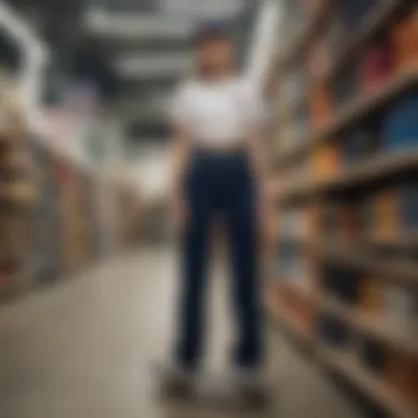 A stylish display of Dickies high waisted pants on a skateboard