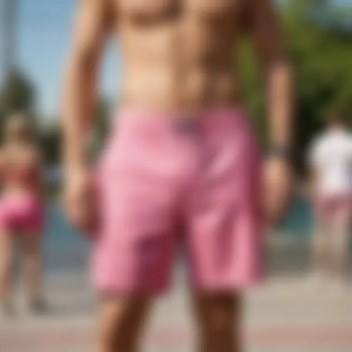 Skater showcasing pink board shorts in action