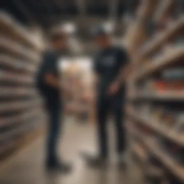 A sales associate assisting a customer with skateboard selection