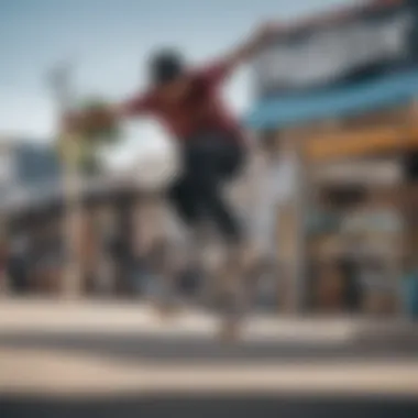 A skateboarder performing tricks outside a skate shop