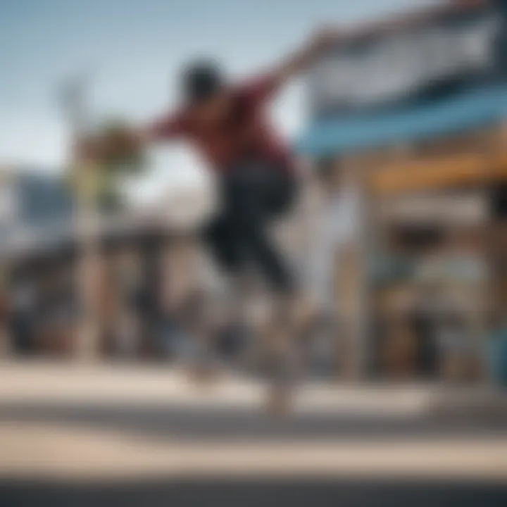 A skateboarder performing tricks outside a skate shop