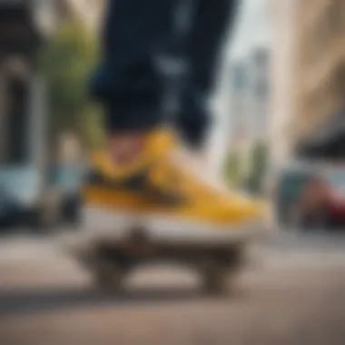 A skateboarder wearing the Fila Disruptor II in an urban setting