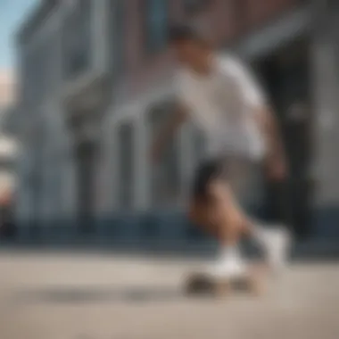 Stylish skateboarder posing in urban setting wearing jersey shorts