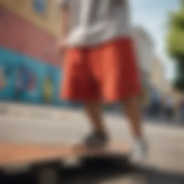 Vibrant jersey shorts showcased against a skateboard backdrop