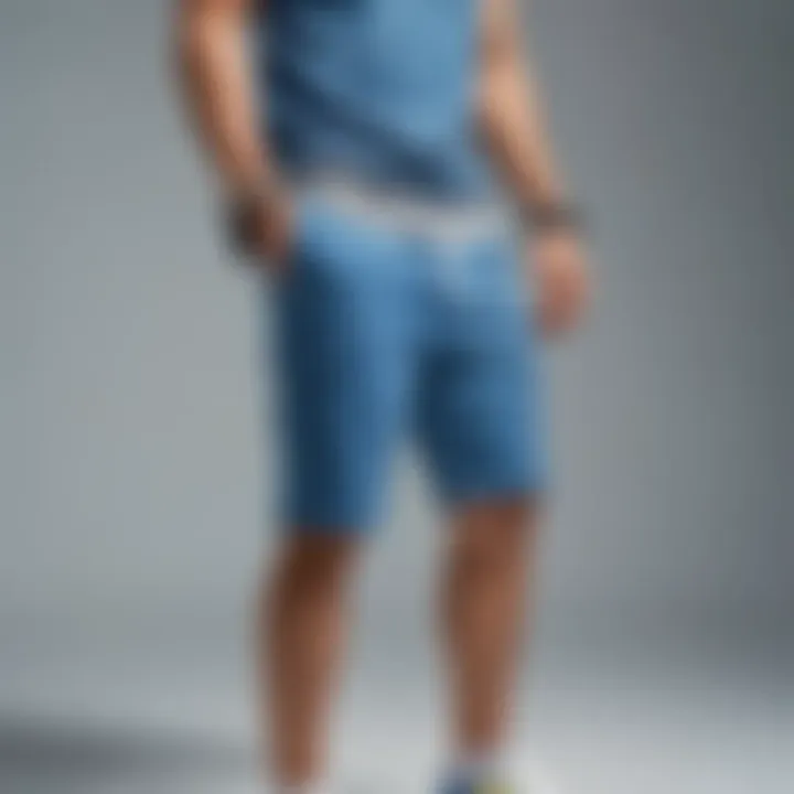 A fashion-forward individual styling blue sweat shorts in a casual outfit.