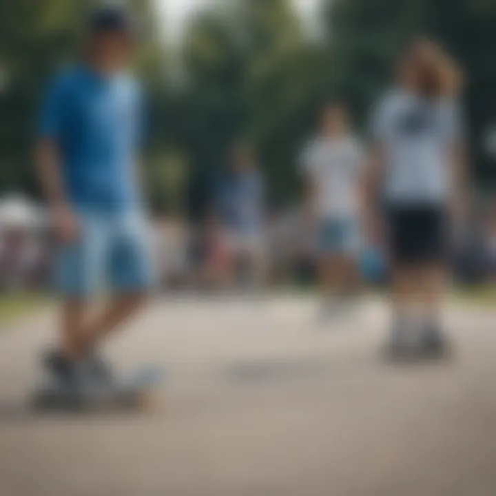 Group of individuals skateboarding while wearing blue sweat shorts.