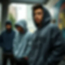 A modern urban setting showcasing various men's hoodies in fashion