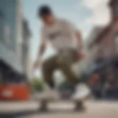 A skater performing tricks while wearing Nike cargos, embodying functionality