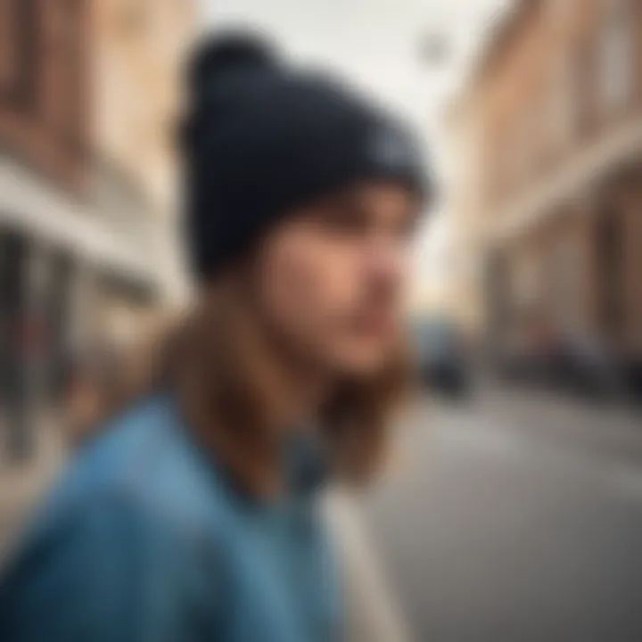 A stylish beanie worn by a skateboarder in an urban setting.