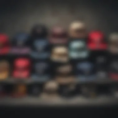 An array of hats featuring various materials and designs favored by skateboarders.