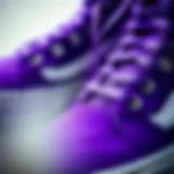 A close-up view of purple Vans hi tops highlighting their unique design features and texture.