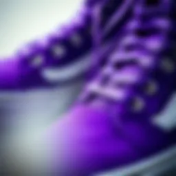 A close-up view of purple Vans hi tops highlighting their unique design features and texture.