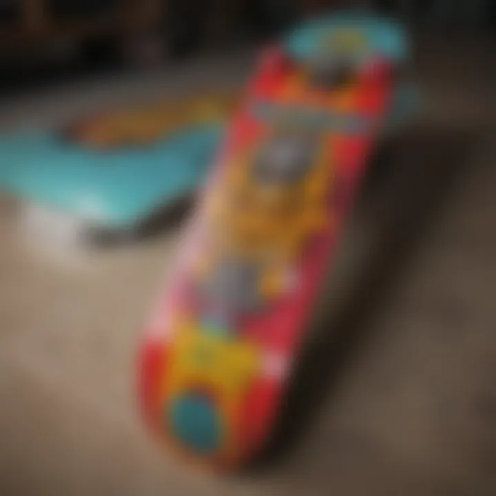 A close-up view of colorful Santa Cruz skateboard decks showcasing unique graphics.