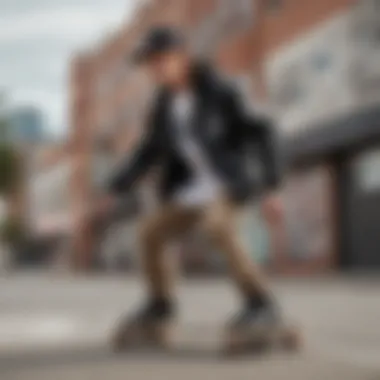 A skateboarder showcasing a sketchy tank jacket in an urban setting