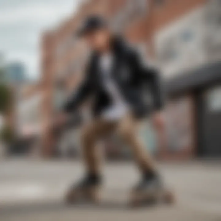 A skateboarder showcasing a sketchy tank jacket in an urban setting