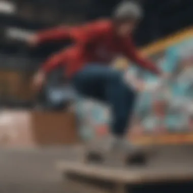 A vibrant skateboarding scene showcasing Supreme gear