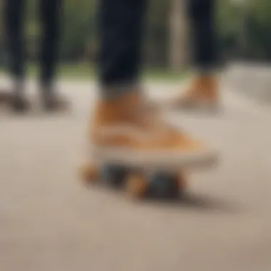 Group of skaters wearing tan vans at a skate park