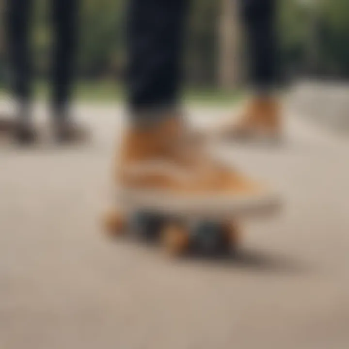 Group of skaters wearing tan vans at a skate park